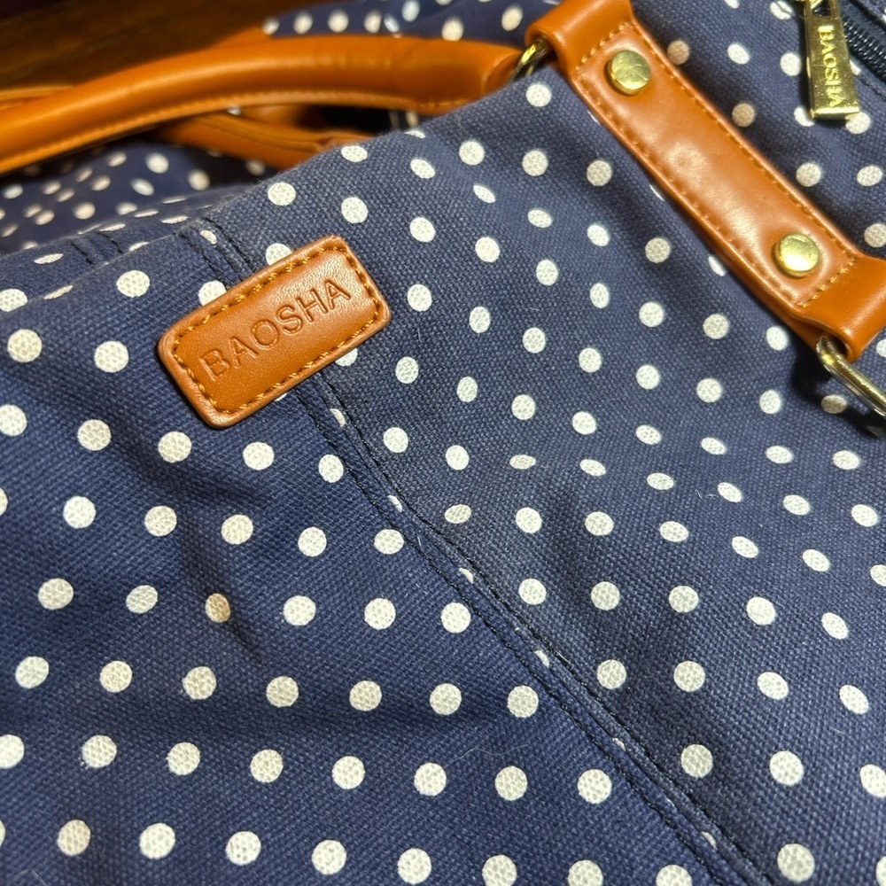 Stylish Navy Polka Dot Travel Bag with Tan Details​ - Picture 5 of 12